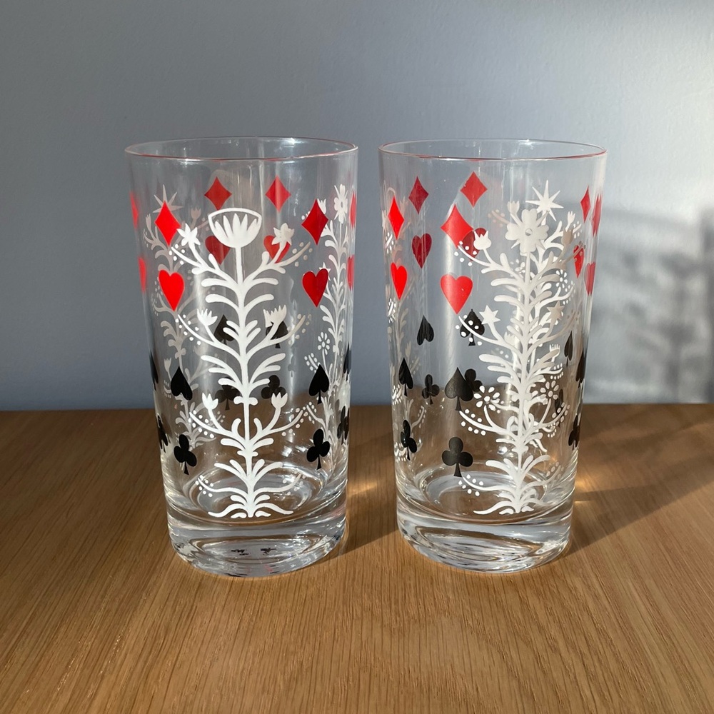 Vintage MCM Federal Glass Merry Maker Playing Card Drinking Glasses Pair 1950s